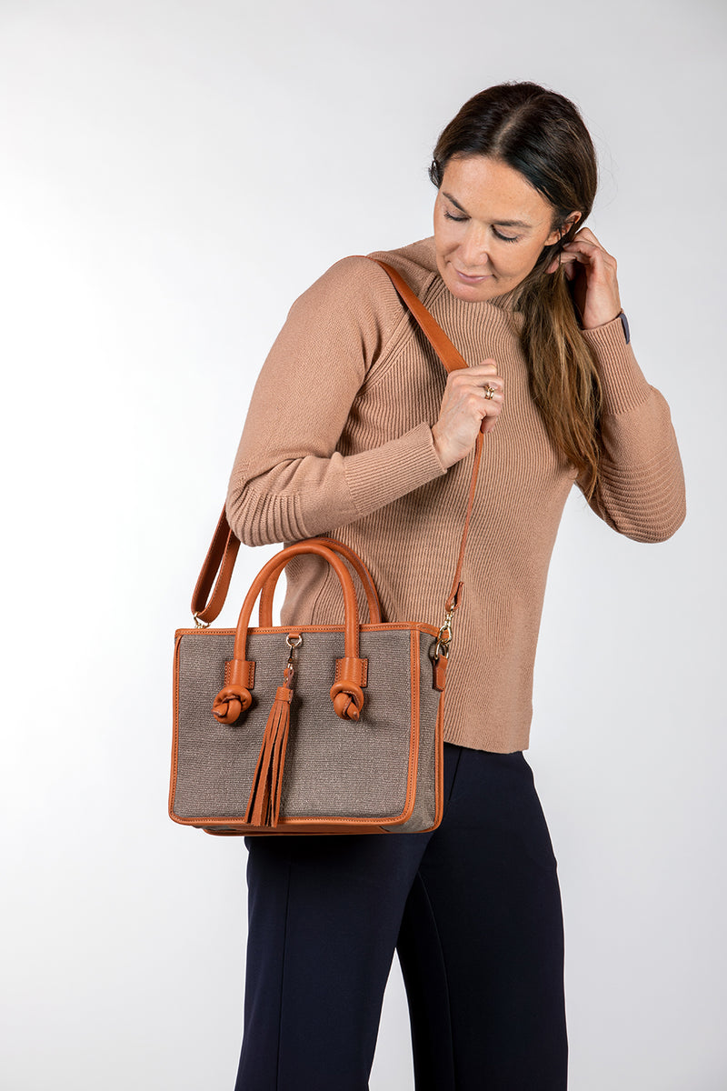 Palermo Handbag - Medium - Taupe/Cognac Brown