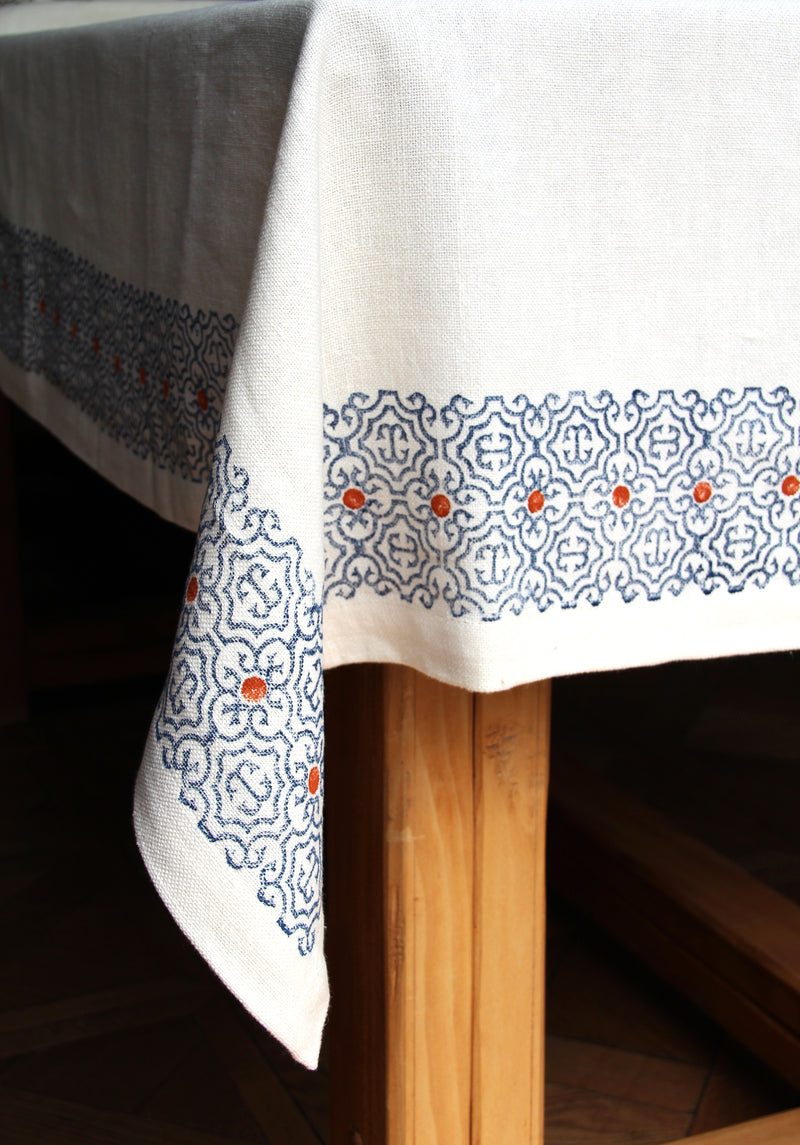 Hand-printed linen tablecloth "blue" – 170/270cm