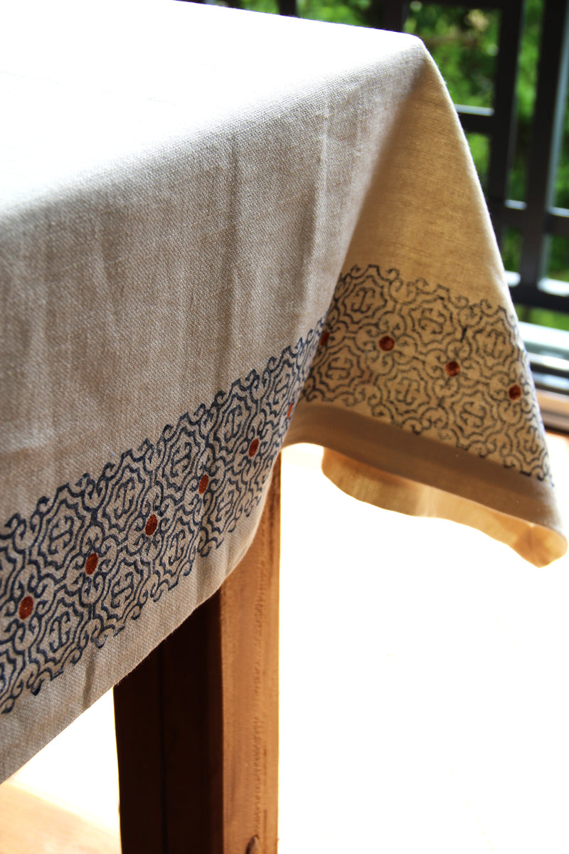 Hand-printed linen tablecloth "blue" – 130/270cm